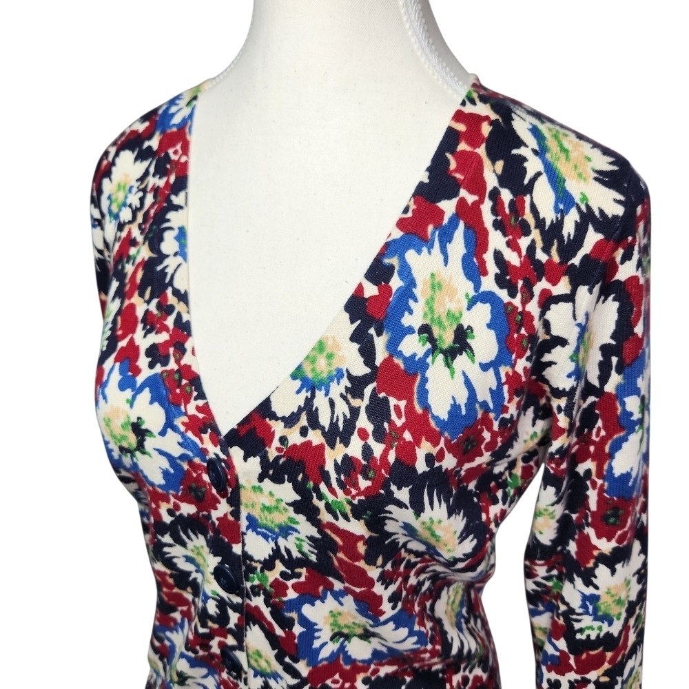 Talbots Women's Small Floral V-Neck Cardigan Sweater Red Blue White Cottagecore